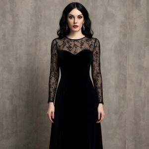 Robbie Bee Black Velvet Lace Long Sleeve Maxi Dress Size 6 Evening Formal Gown